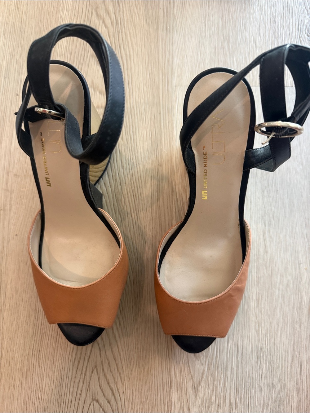 United Nude Tan and Black Open-Toe Ankle Strap Heels
